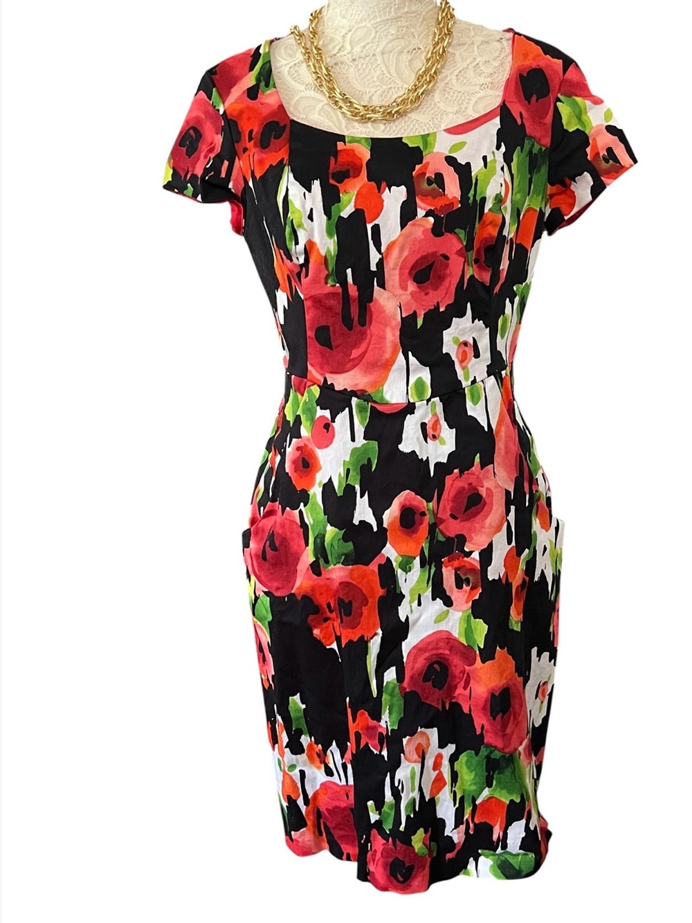 Donna Ricco Floral Print Black, Orange & Red Short Sleeve Dress Size 10